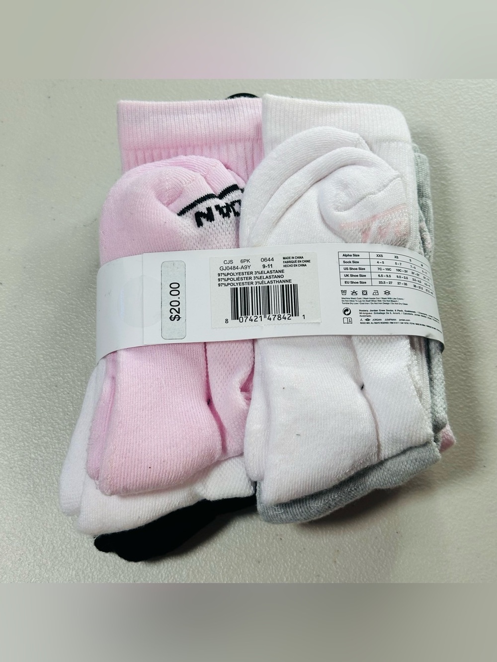 Jordan Kids Crew Socks Pack - Pink, Black & White pack of 6 - Picture 2 of 4